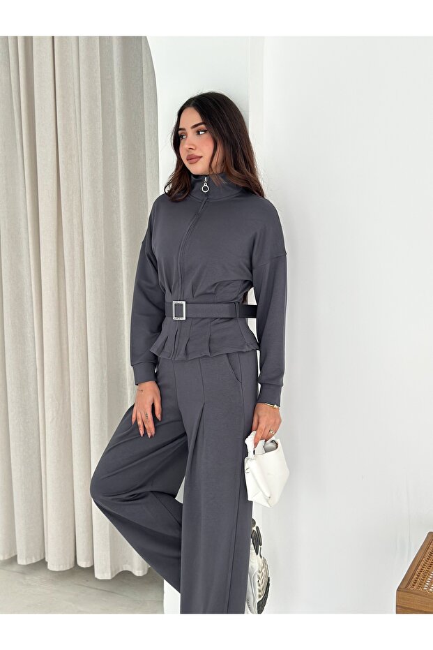 Modal Fabric Belted Jacket and Baggy Bottom Tracksuit - Modal Tracksuit Set with Belt
