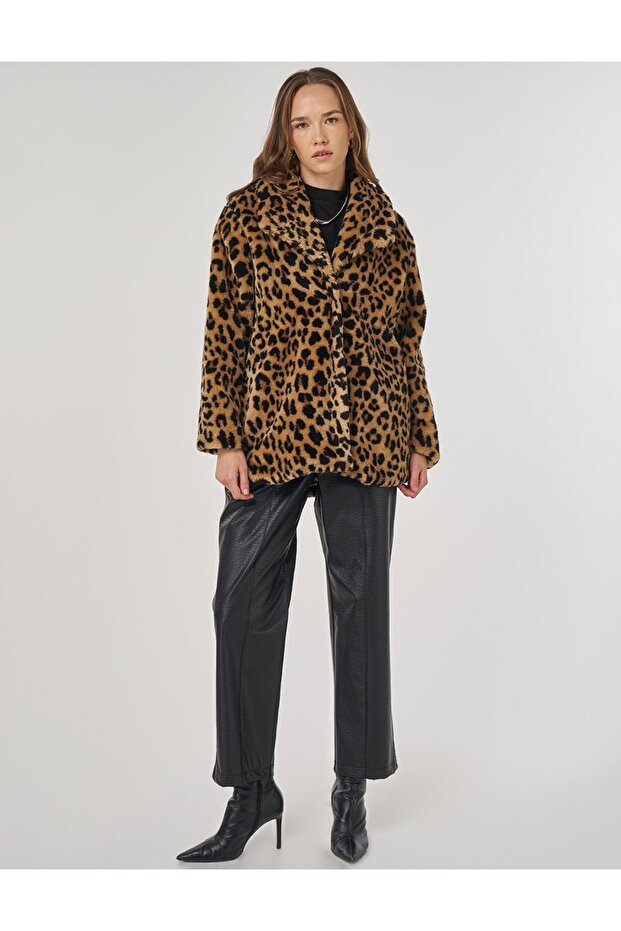 Leopard Pattern Plush Coat Beige - 2