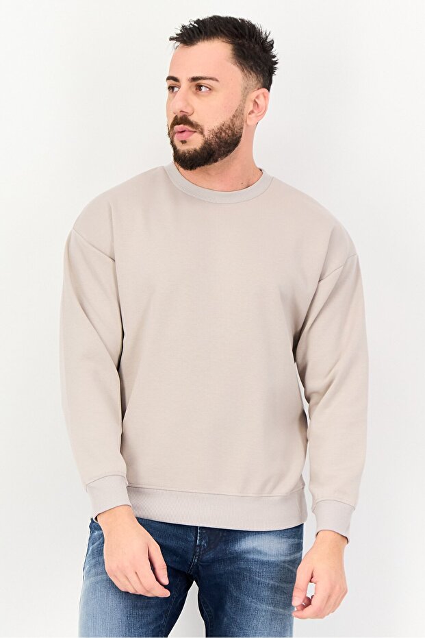 Men Crew Neck Plain Long Sleeve Sweatshirt, Light Grey