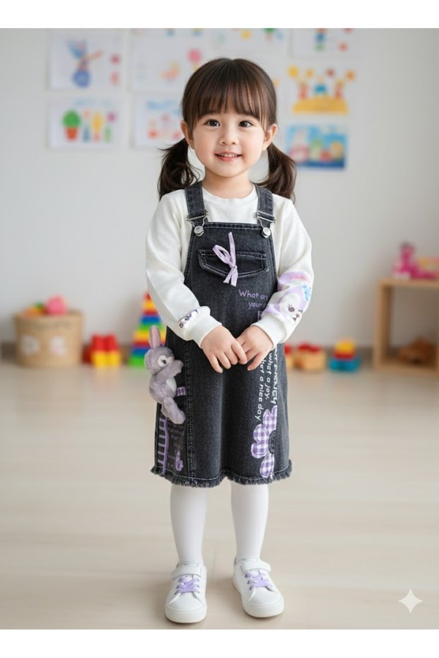 Eid-Themed Girls' Denim Salopet Set Special Design (Denim Dress+Blouse with Stella Lou Toy)