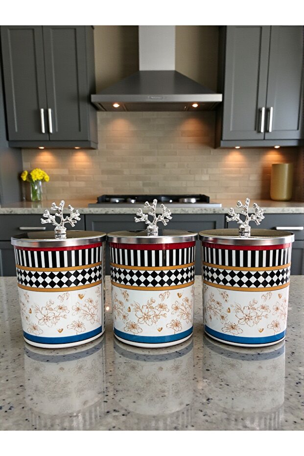 Spice Jar Cylinder Set of 3 Metal Coffee Corner Butterfly Patterned 750 ml Coral Silver - Feray Home