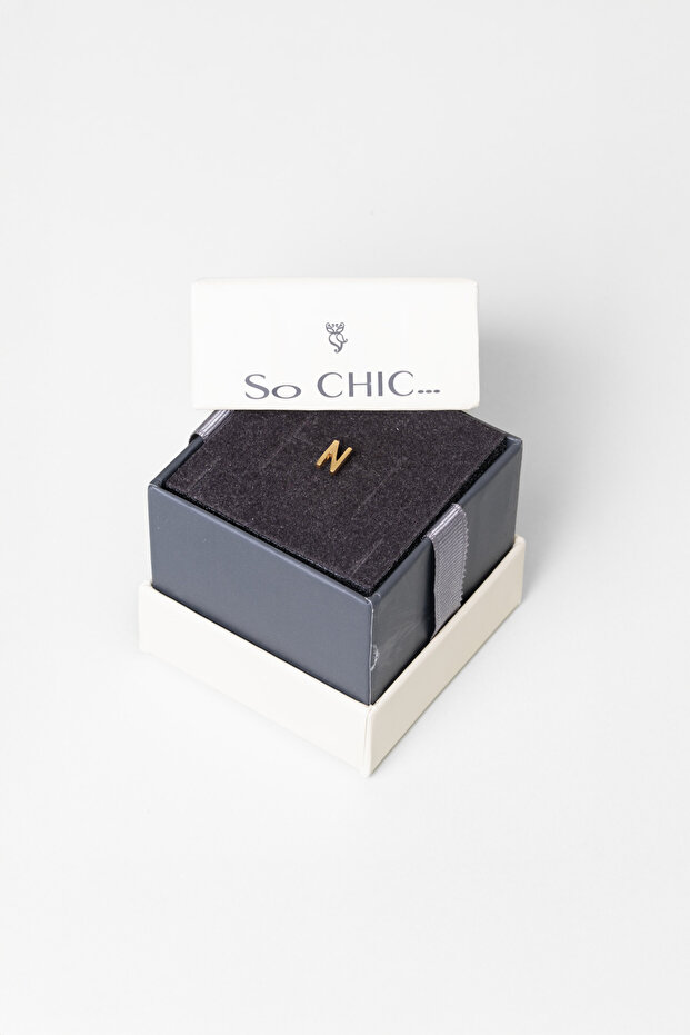 My Story N Harfi 18 Ayar Sarı Altın Kaplama Gümüş Tek Küpe - 4