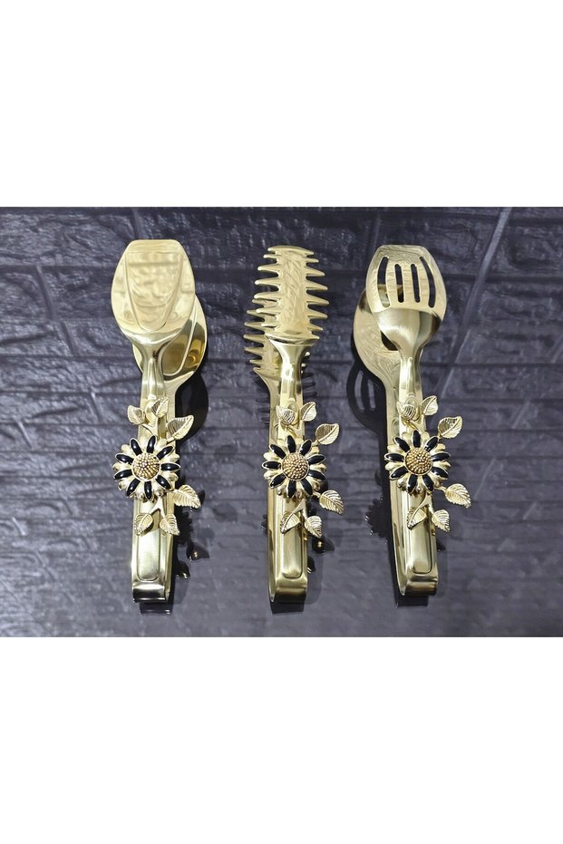 Gold Serving Tongs Set of 3 Black Papaty Pasta/Dessert/Food/Display Tongs Titanium