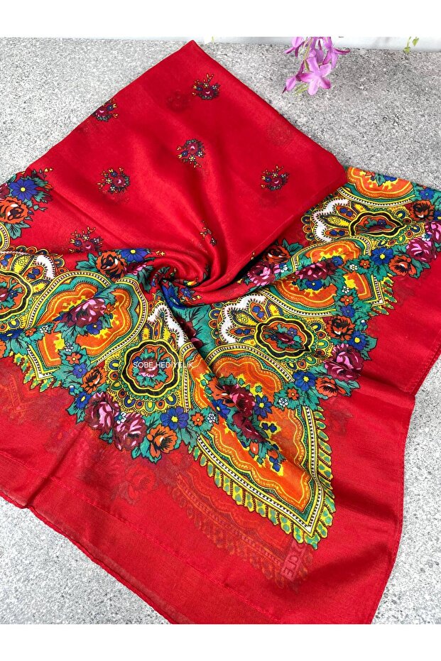 Mardin Calligraphy Floral Patterned Headscarf on Red Background – Dowry and Everyday Wear
