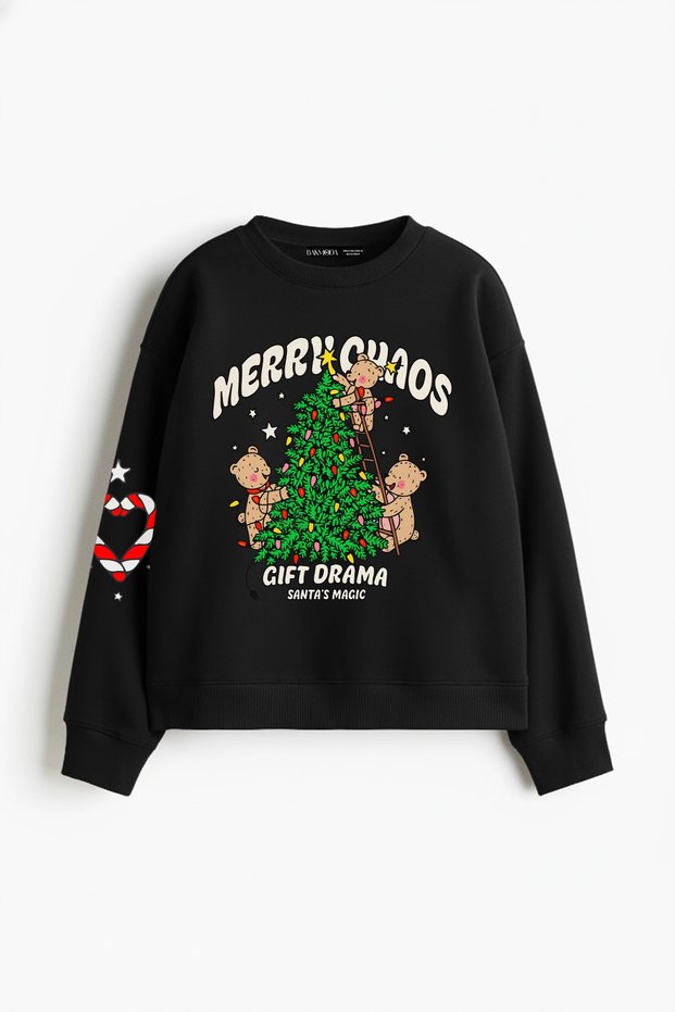 Merry Chaos Printed Hoodless Relaxed Fit Women's Black Sweatshirt