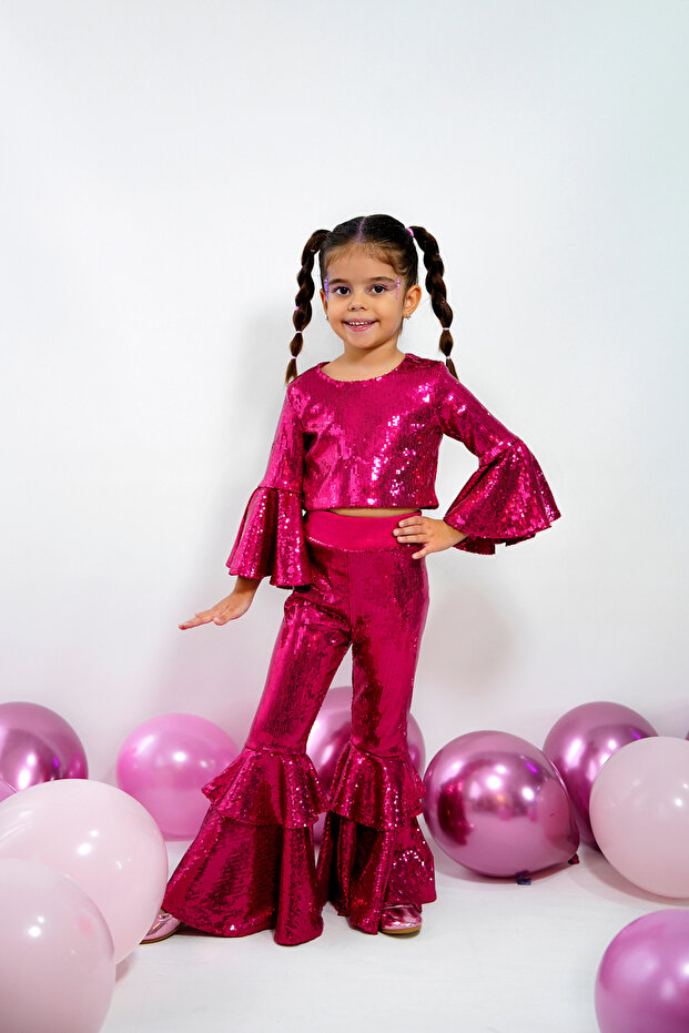 Sparkly Sequined Flywheel Sleeve Layered Leg Girl's Set