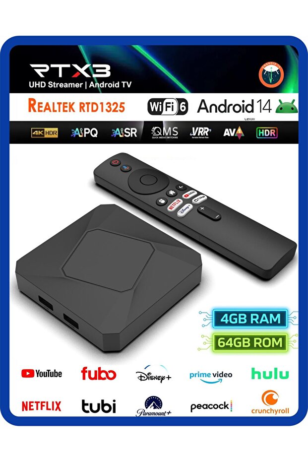 RT-X3 4K Android 14.0 TV Box 4+64GB Realtek RTD1325 Yapay Zeka İşlemci Chip Dual Hızlı WiFi6 - 1