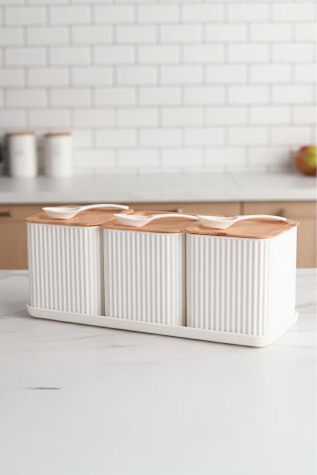 Valverdi - 3-Piece 10-Part Set Bamboo-Look Countertop Plastic Spice and Nut Storage Container with Spoon - 1