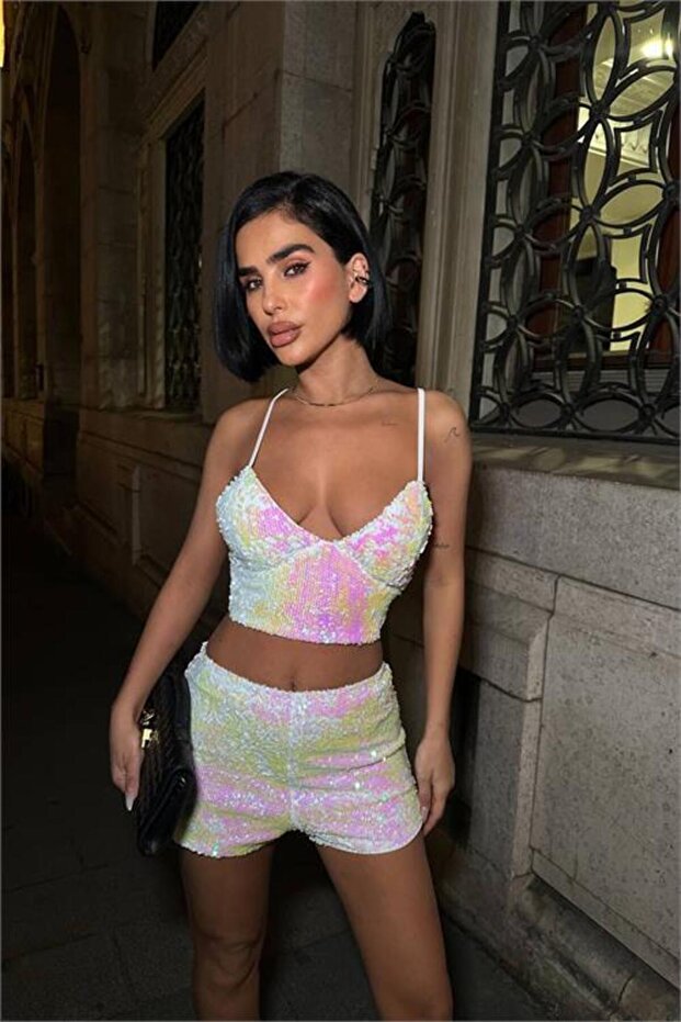 Women's Sequin Shorts Crop Set Dpdf168