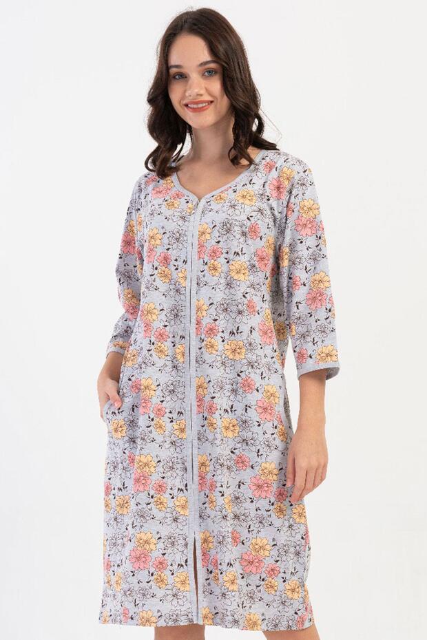 Women's Plus Size Capri Sleeve V-Neck Zippered Gray Melange Color Floral Pattern Home Dress C0T9N1804