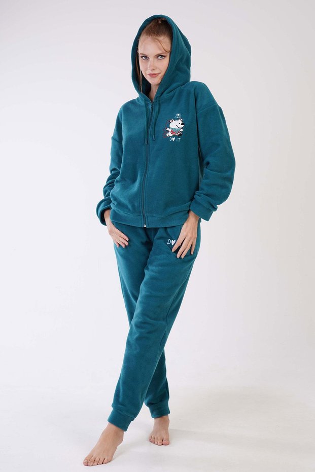 Women's Long Sleeve Hooded Zippered Cuffed Leg Silver Pine Color Fleece Pajama Set C6T0N0503