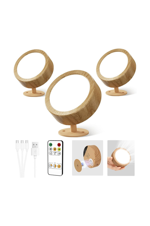 Rechargeable LED Wall Mounted Light (3 Pack) | 360°Rotation Dimmable Cordless Wall Light (Wooden)