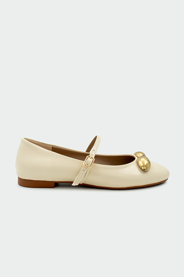 Loes Ecru Leather Flat Women's Ballerinas with Gold Accessories