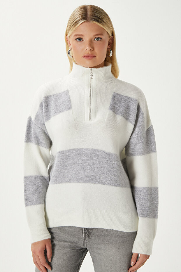 Women's High Soft Texture Polo Neck Zippered Stone Gray Striped Knitwear Sweater