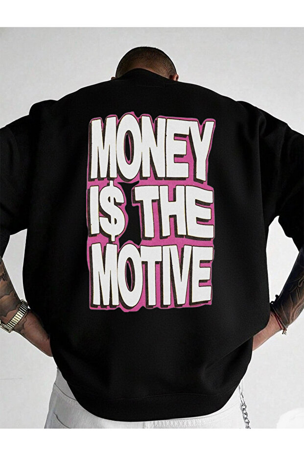 سويت شيرت برقبة دائرية للجنسين قصة فضفاضة مطبوع عليه MONEY IS THE MOTIVE