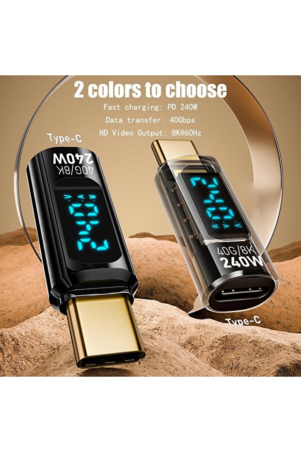2Pcs USB-C Adapter with V/A/W LED Display, 240W PD USB-C Male to Female, 40Gbps, 8K Video - 2
