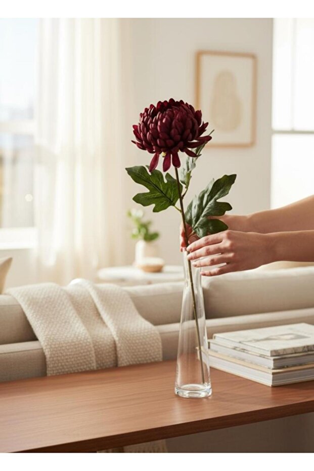 Yapay Çiçek Krizantem Bordo 90cm Tek Dal Kumaş Çiçek Uzun Dal - 4