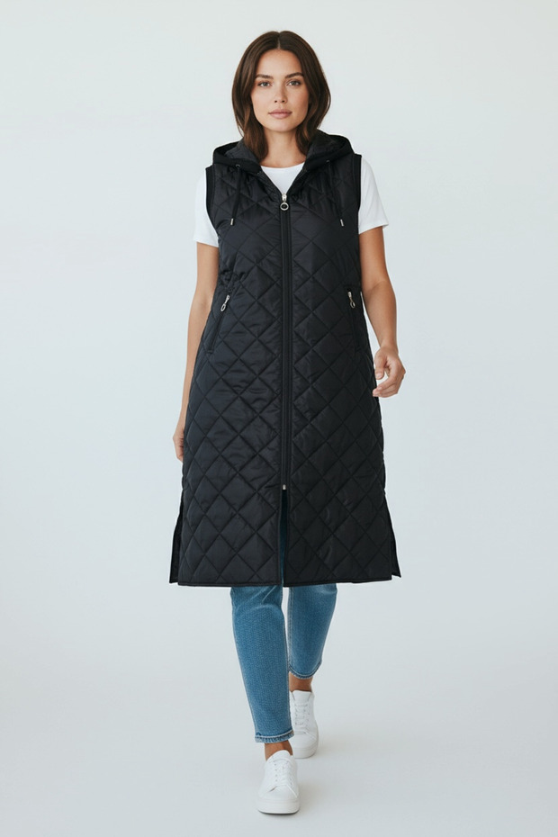 KADIN ÖNÜ FERMUARLI YANLARDAN CEPLİ KAPÜŞONLU KAPİTONE YELEK - 3