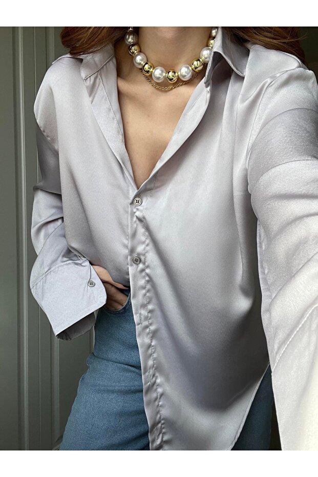 Gri Basic Saten Gömlek - 2