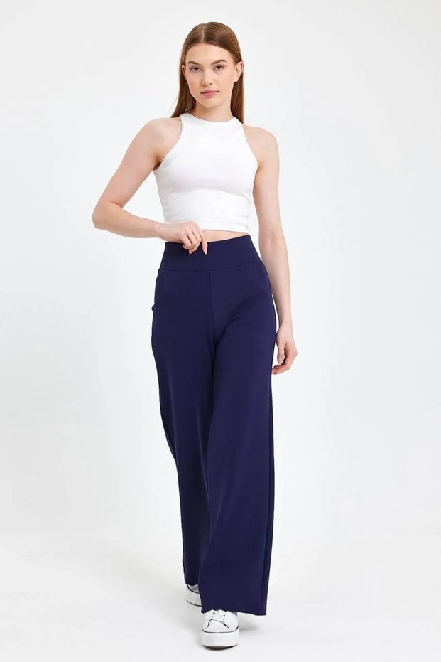 Women's Navy Blue High Waist Pocketed Palazzo Wide Leg Crepe Fabric Casual Trousers Sweatpants