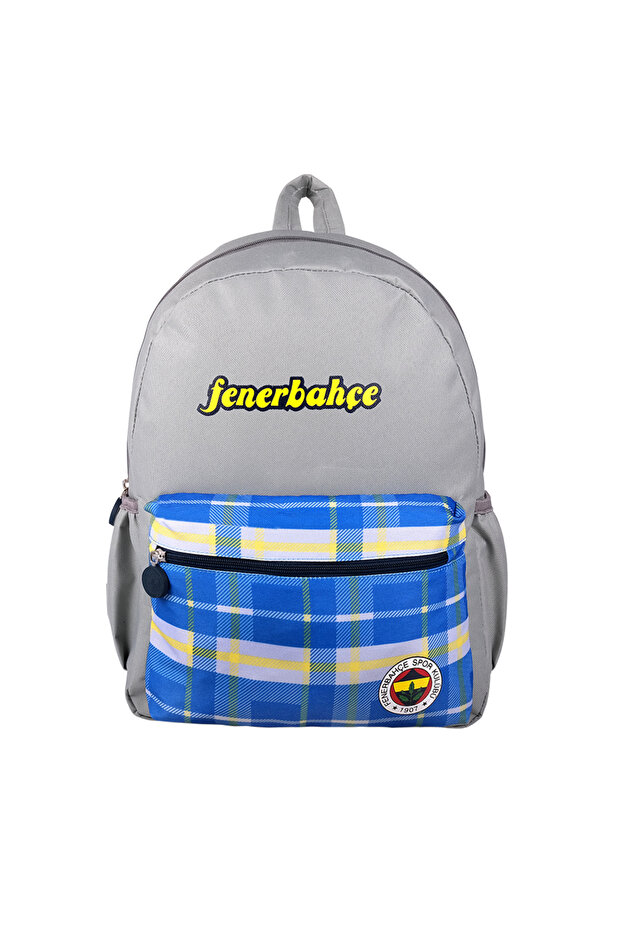 Gray Backpack with Plaid Pocket Detail