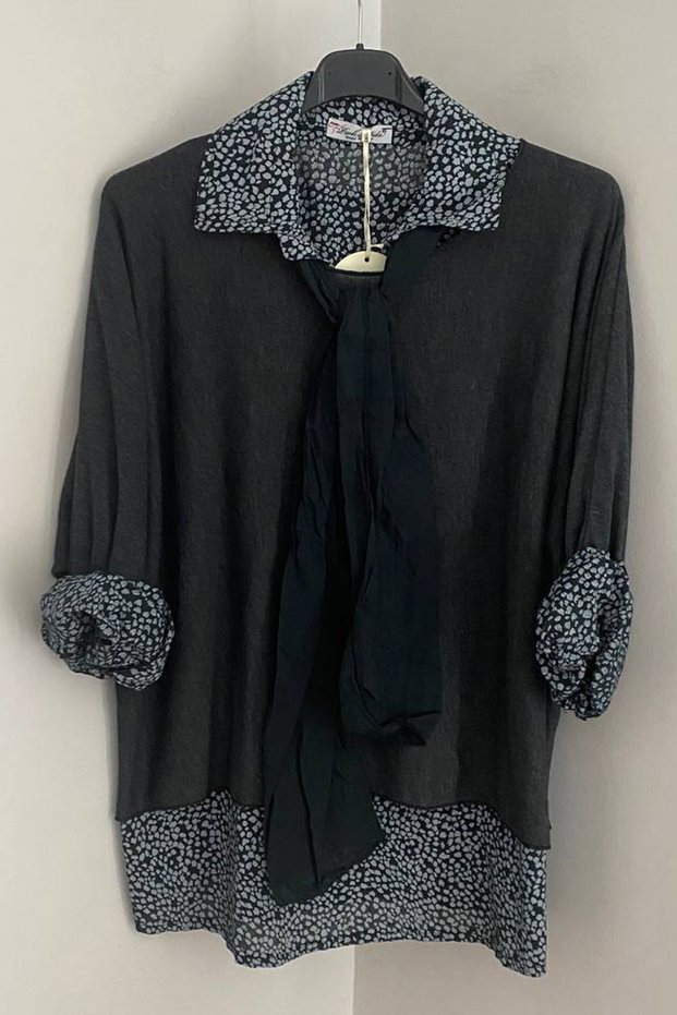 Women's Italian Anthracite Mosaic Pattern Scarf and Shirt 3-Piece Knitwear Blouse