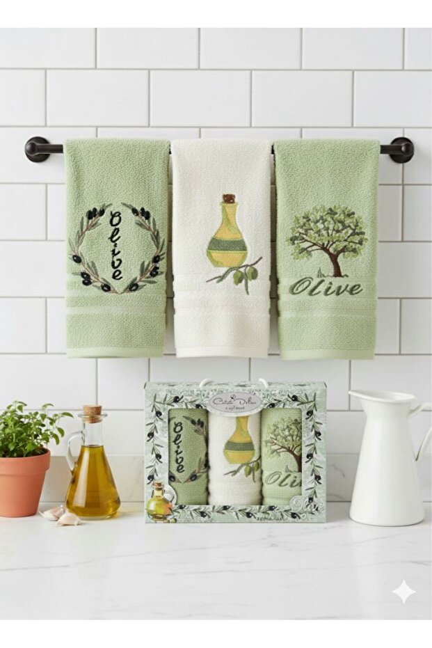 Olive Embroidered 3-Piece Kitchen Towel Set – 100% Cotton – Green/Cream – 30X50