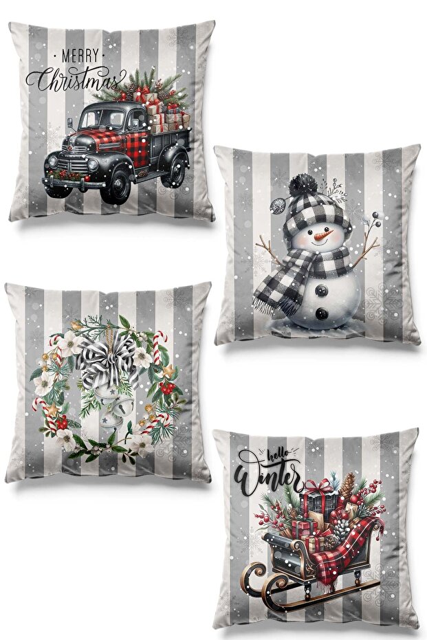 Double-Sided Printed Winter Tale Patterned Set of 4 Suede Throw Pillow Covers - New Year - Christmas - New Year's Eve