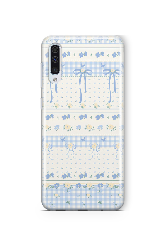 Samsung Galaxy A70 Compatible Blue Bow and Flower Pattern Transparent Phone Case