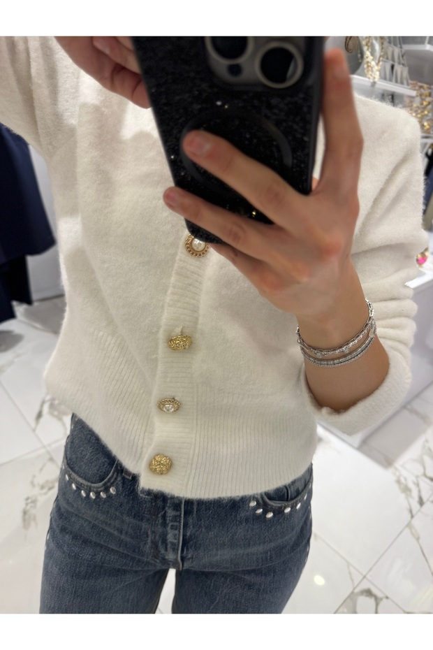 Ekru Düğmeli Hırka - 3