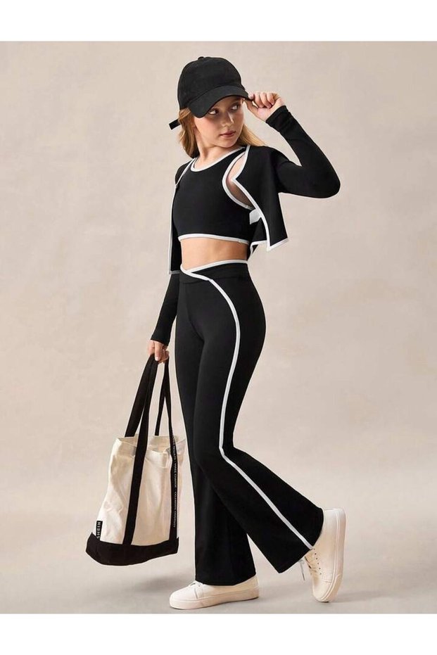 Girl's Stripe Detail Crop-Cardigan 3-Piece Tracksuit Set