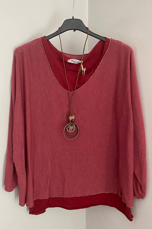 Women's Italian Cherry Rot Color Plain Pattern with Necklace Cotton Combed Sleeveless Inner Knitwear Blouse 2-Piece Set