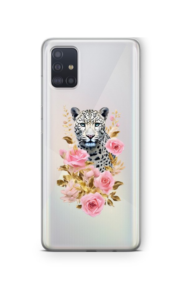 Samsung Galaxy M31S Compatible Leopard and Pink Rose Pattern Transparent Phone Case