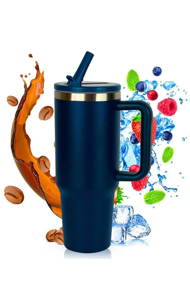 40 oz Water Bottle with Handle and Flip Straw - Fits in Cup Holder, Leak Resistant 40oz Tumbler Leak Proof Insulated Stainless Steel