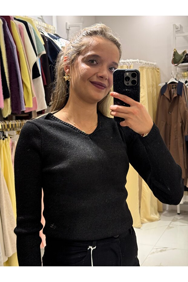 V Yaka Çelik Triko Kazak - 1