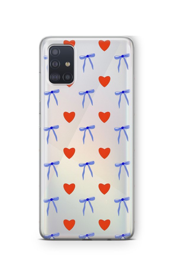 Samsung Galaxy M51 Compatible Heart and Ribbon Pattern Transparent Phone Case