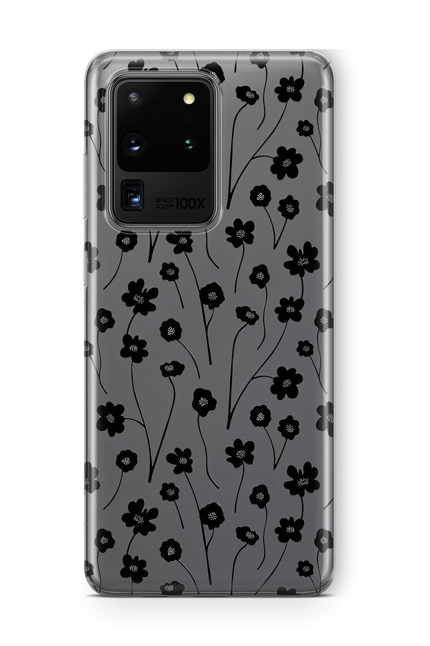 Samsung Galaxy S20 Ultra Compatible Black Floral Pattern Transparent Phone Case