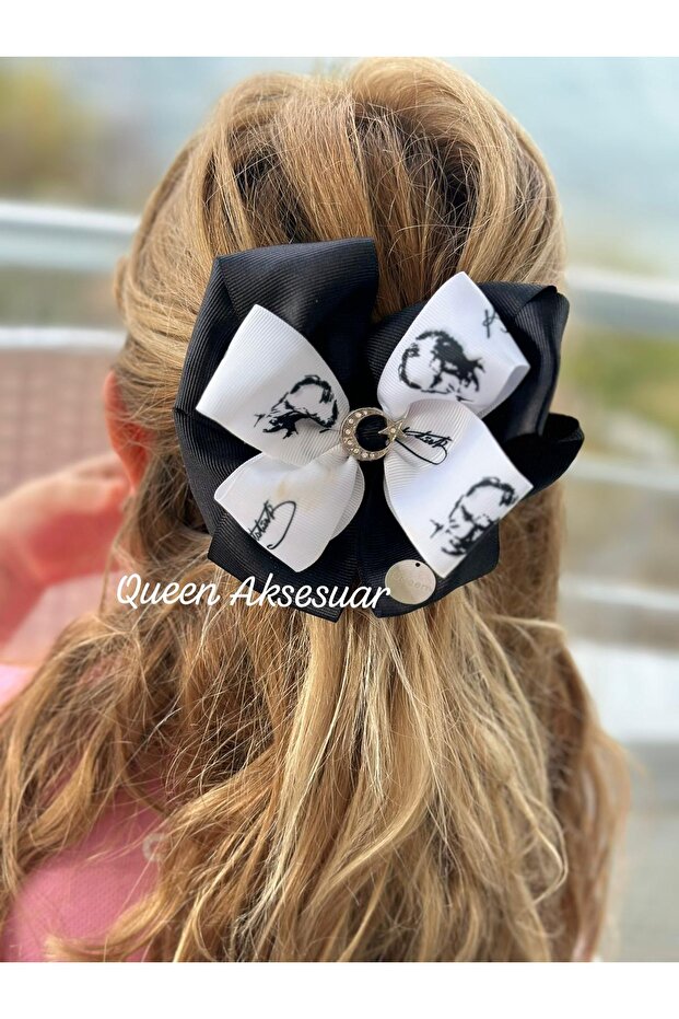 Ataturk Patterned Black and White Satin Bow Ribbon Automatic Clip School Brooch with Stone Moon Star Brooch