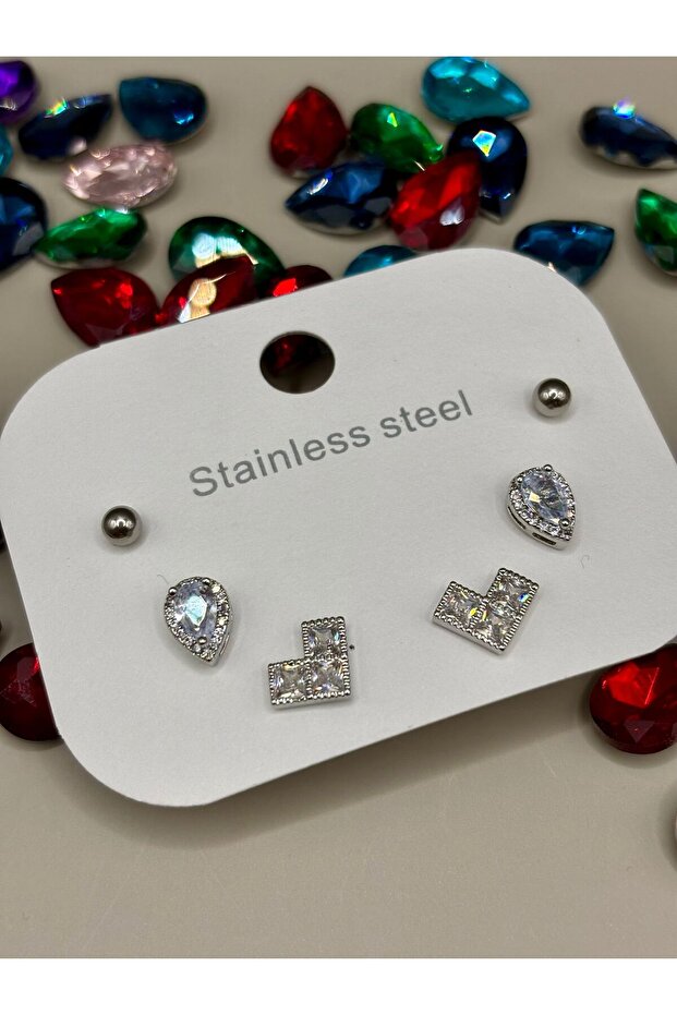 Steel Silver Color Stone Drop Combination Earrings