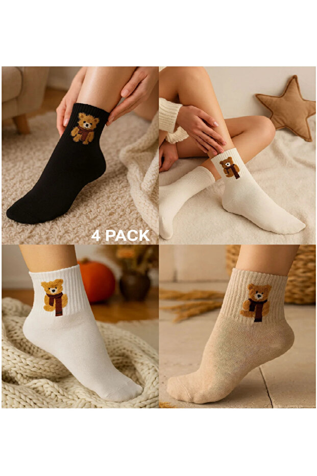 4-Pack Plush Furry Teddy Bear Pattern Socks