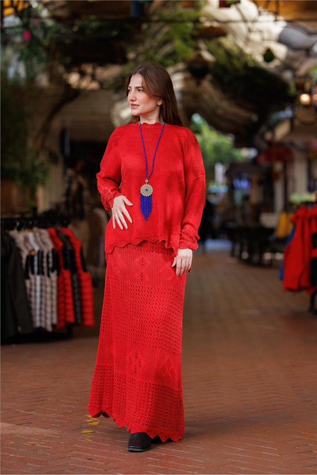 Red Color Knitwear Skirt Blouse Set