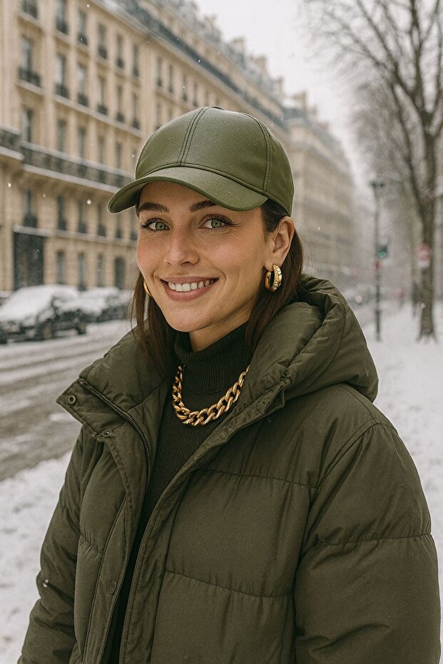 Khaki Faux Leather Women's Cap Hat