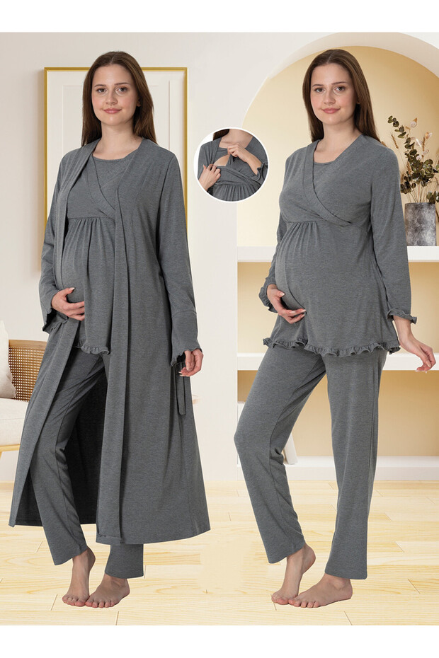 Dvina Maternity Pajama Set with Robe Smoked - 4044