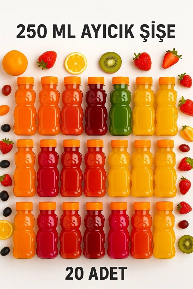20 Teddy Bear Bottles – Fun Children's Juice Bottle with Orange Lid, 250 ml for School and Picnics