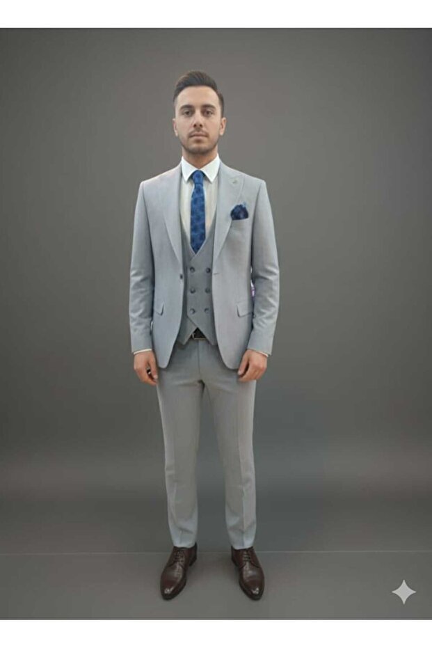 Slim Fit Double Slit Ice Blue Jacket Vest Set Button Men's Suit