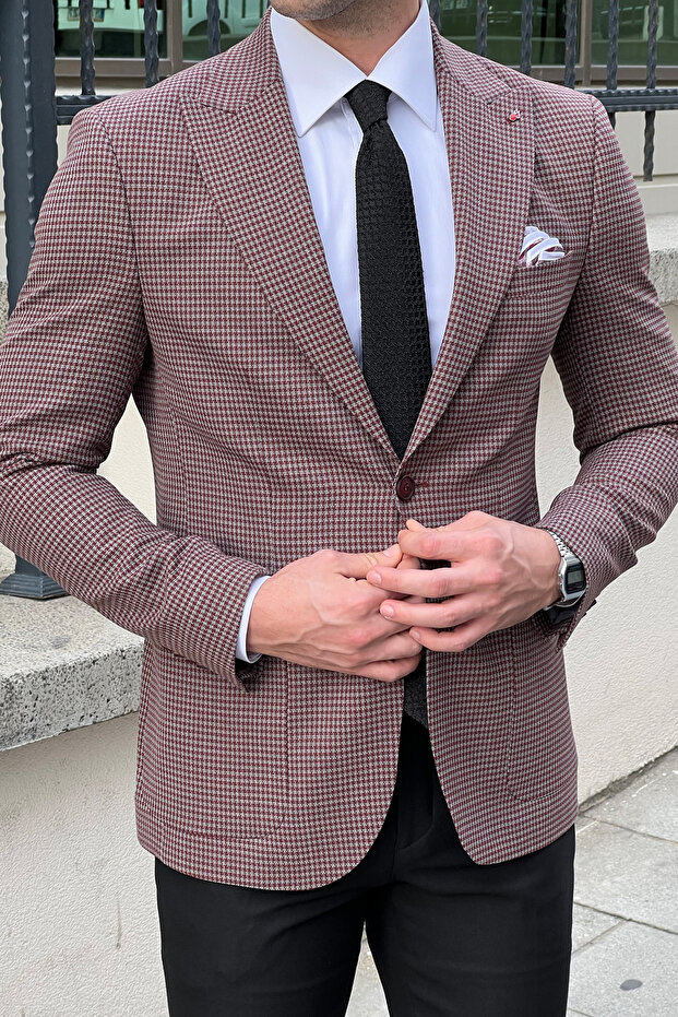 Slim Fit Patterned Pointed Collar Bag Pocket 70% Wool Men's Classic Jacket