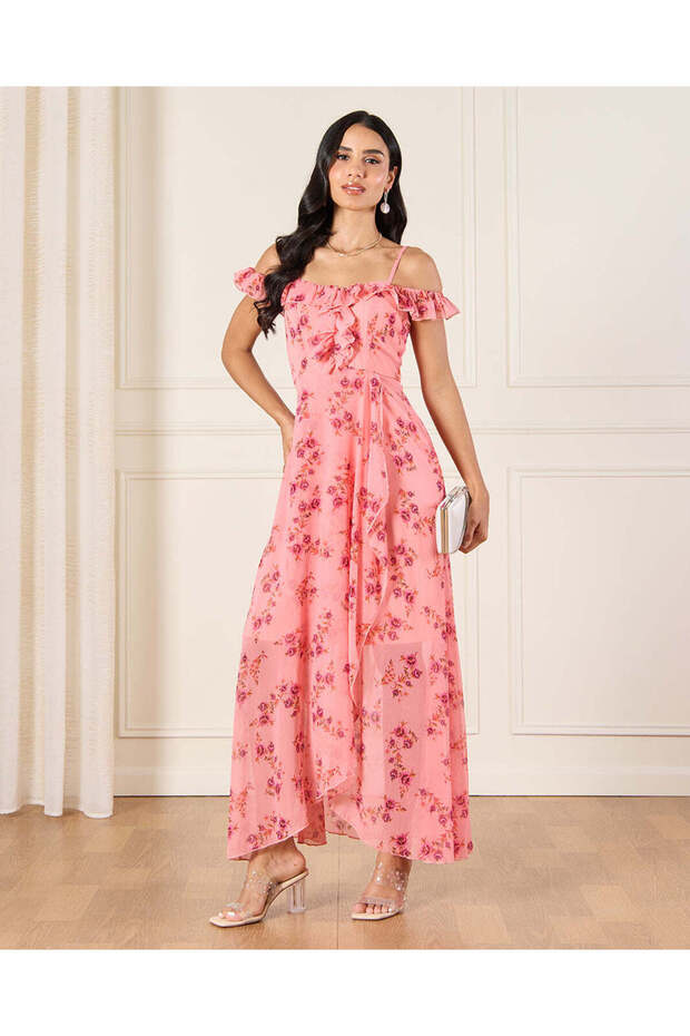 Women Pink Printed Frilled Sleeve Maxi Dress