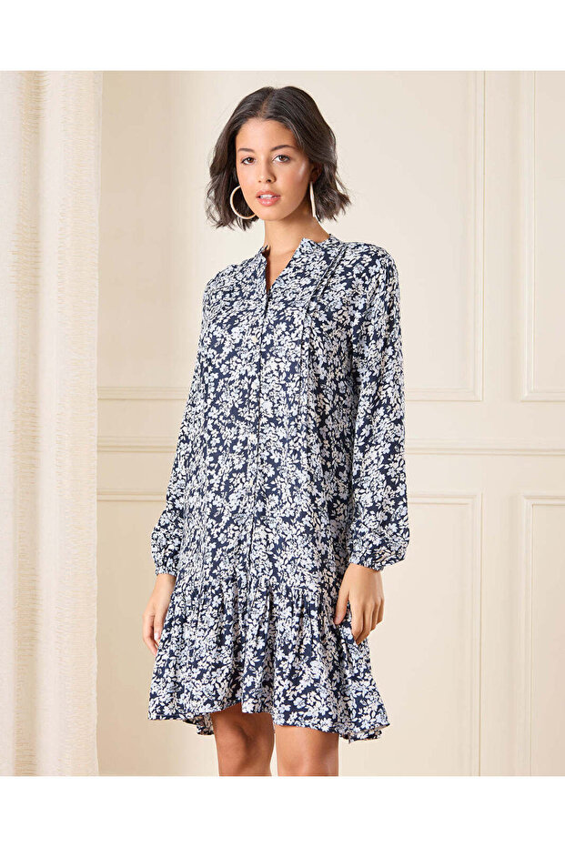 Women Navy Printed Knee Length Belted Dress
