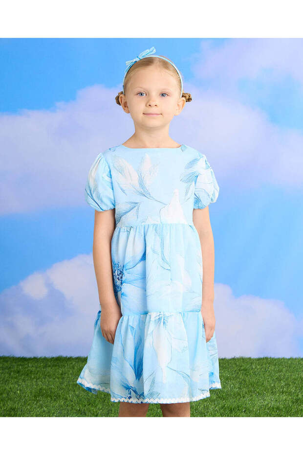 Girls Blue Floral Lace Tiered Dress With Headband (2 Piece)