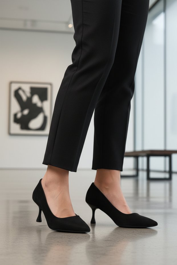 Black Suede Women's Thin Short Heeled Evening Dress Shoes 695033 Z